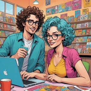 Egy lány és egy fiú ül egy laptop előtt mindketten szemüvegesek és mosolyognak. A fiatal hölgynek kék hullámos haja van, a fitala fiúnak pedig barna, göndör haja. A háttérben könyvek és képregények vannak kitéve polcokra. Úgy tűnik, hogy egy boltba vagy könyvtrában vannak. Felhivas kapcsolatba lepesre.